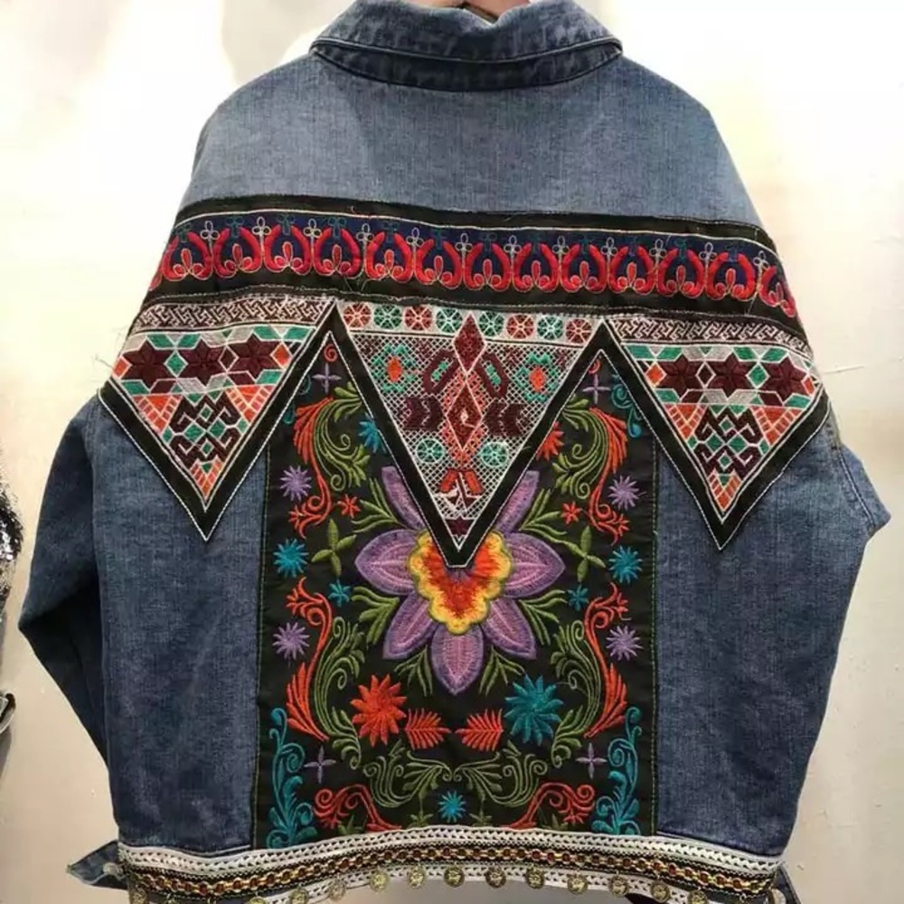 Boho floral embroidered tribal denim jean jacket - Picture 3 of 5